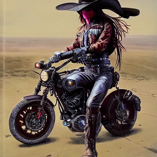 Image similar to a cyberpunk cowboy fully decked out in his cowboy hat, holsters, boots and spurs, sitting on a high tech motorbike in a scenic environment by wayne barlowe