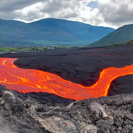 Image similar to a panoramic landscape with a stream of lava flowing down the valley. From the hills many KFC buckets on sticks are poking out on different angles