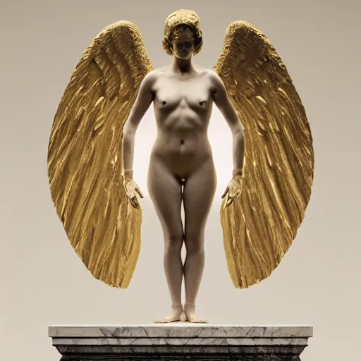 Image similar to a full body statue made of white marble with gold veins, of an beautiful gorgeous angel girl, perfect symmetrical body, perfect symmetrical face, no eyes, hyper realistic, hyper detailed, fujicolor superia 1 6 0 0 photo, by peter kemp, by monia merlo, by michelangelo octane render, blender, 8 k