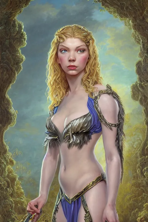 Image similar to A fantasy comic book style portrait painting of Cory Chase, hybrid, Anya Taylor-Joy, as an Atlantean Reptilian Warrior, François Boucher, Oil Painting, Mystical Valkyrie Armor, unreal 5, DAZ, hyperrealistic, octane render, Regal, Refined, Detailed Digital Art, RPG portrait, William-Adolphe Bouguereau, Michael Cheval, Walt Disney (1937), Steampunk, dynamic lighting, Highly Detailed, Cinematic Lighting, Unreal Engine, 8k, HD