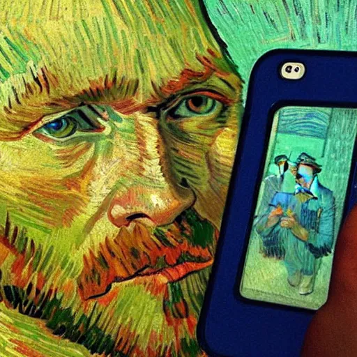 Image similar to iphone selfie, phone in hand, by van gogh