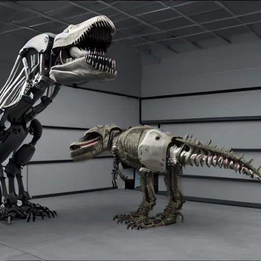 Image similar to a robot t-rex in a garage, octane render, 3D, 8k, Extremely detailed, accurate