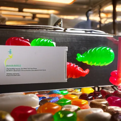 Image similar to medium shot of a a small edible gummi worm candy with cybernetics for sale from a food truck. the candy is displayed with dramatic product lighting, pearlescent. in the background a dim alley is illuminated by the food truck. unreal engine 5, octane 3 d, render.