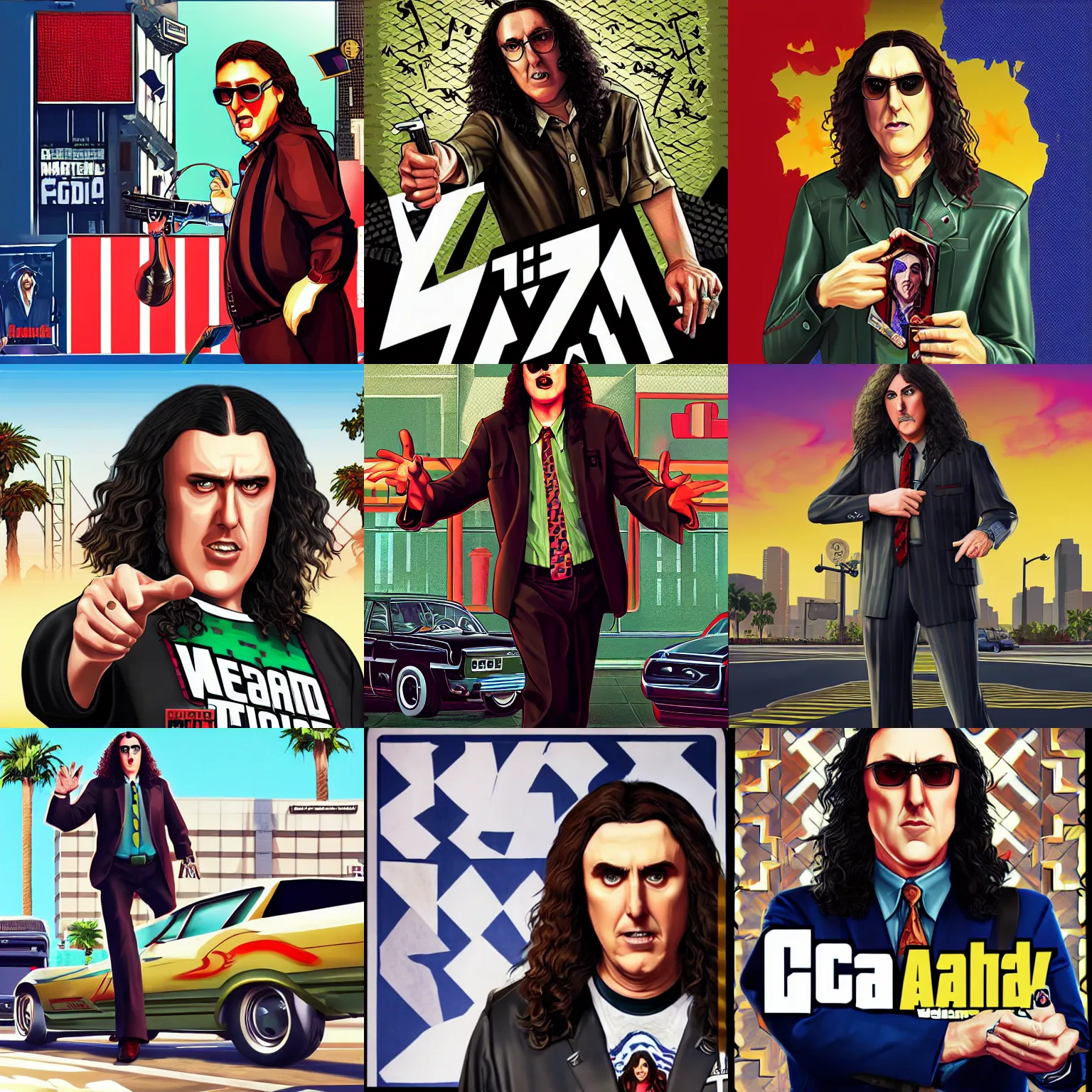 Prompt: weird al yankovic in gta v promotional art by stephen bliss, no text