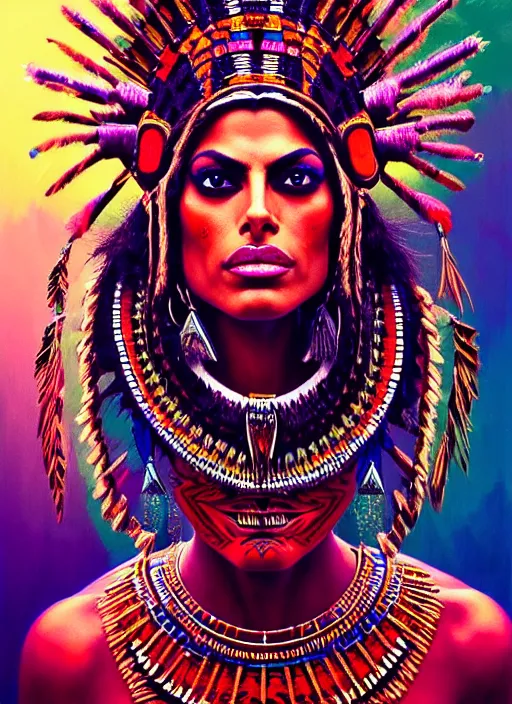 Image similar to portrait of eva mendes, hyper detailed ultra sharp aztec shaman warrior. trending on artstation, warpaint aesthetic, bloodwave, colorful, psychedelic, ornate, intricate, digital painting, concept art, smooth, sharp focus, illustration, art by artgerm and greg rutkowski and h. r. giger, 8 k