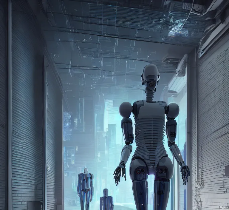 Image similar to hyperrealism stock photogrфзрн of highly detailed stylish humanoid robot in sci - fi cyberpunk style by gragory crewdson and vincent di fate with many details by josan gonzalez working in the highly detailed data center by mike winkelmann and laurie greasley hyperrealism photo on dsmc 3 system rendered in blender and octane render