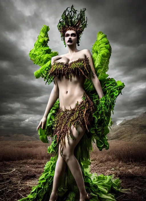 Image similar to expressive full body photo of demoness, dress made of cabbages, glamour shot, by karol bak, stefan gesell, photorealistic, nikon d 4 x, fashion photography, hyper maximalist, elegant, ornate, luxury, elite, environmental portrait, symmetrical features, octane render, unreal engine, solid dark grey background, dramatic lights