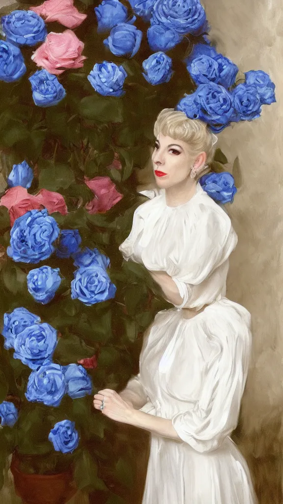 Prompt: portrait of julee cruise in white balloon sleeve dress detailed curtain beside a pot of blue roses, a detailed persian painted by john singer sargent