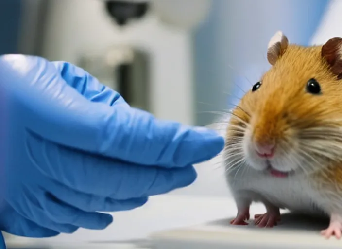 Image similar to film still of a hamster working in a research lab finding the cure for cancer, 8 k