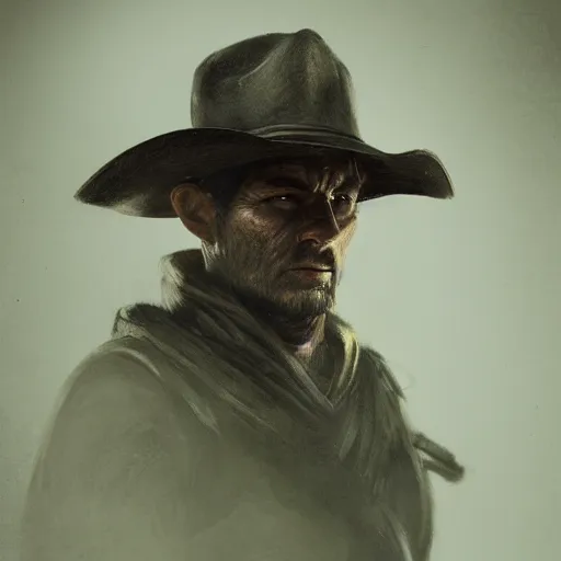 Prompt: a digital portrait of a human bounty hunter from hunt showdown, western era, hyper realistic, horror, back lighting, luisiana, in the style of greg rutkowski,