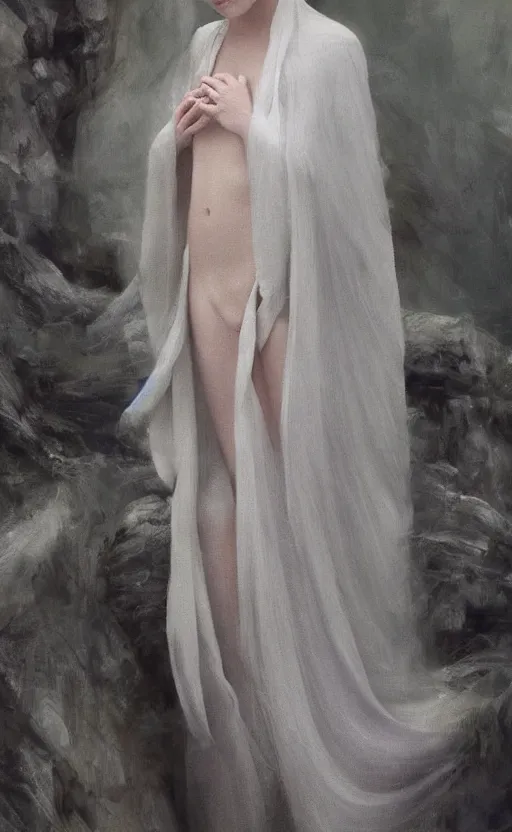 Image similar to who is this with silver hair so pale and wan! and thin!?, flowing robes, covered in robes, lone pale nordic goddess, wearing robes of silver, flowing, pale skin, young cute face, covered!!, clothed!! lucien levy - dhurmer, jean deville, oil on canvas, 4 k resolution, aesthetic!, mystery