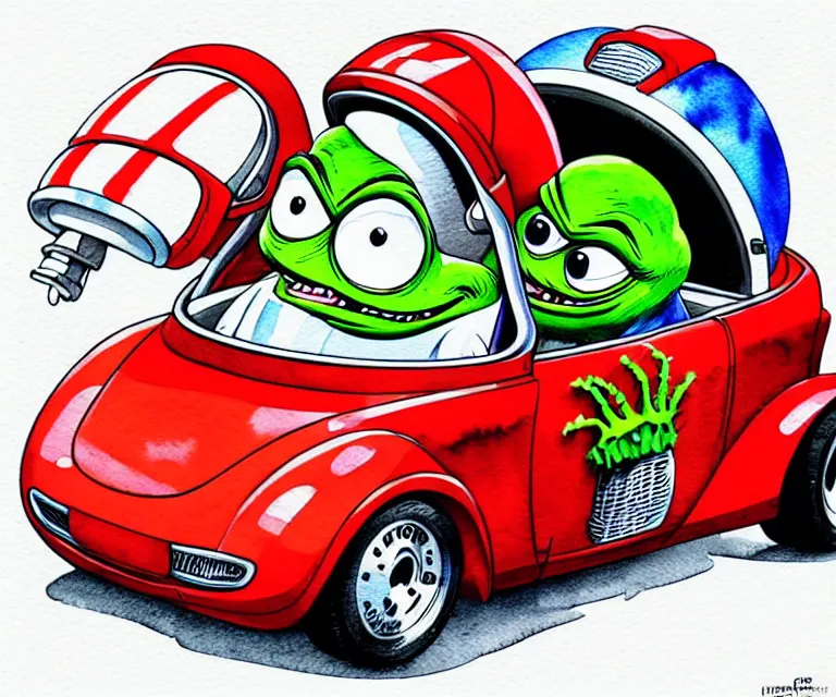 Prompt: cute and funny, pepe wearing a helmet riding in a tiny hot rod tesla with oversized engine, ratfink style by ed roth, centered award winning watercolor pen illustration, isometric illustration by chihiro iwasaki, edited by range murata, details by artgerm