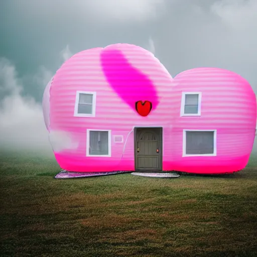 Image similar to a 5 0 mm lens photograph of a cute pink floating modern house, floating in the air between clouds, inspired by the movie up, held up from above by a heart - shaped ballon. mist, playful composition canon, nikon, award winning, photo of the year