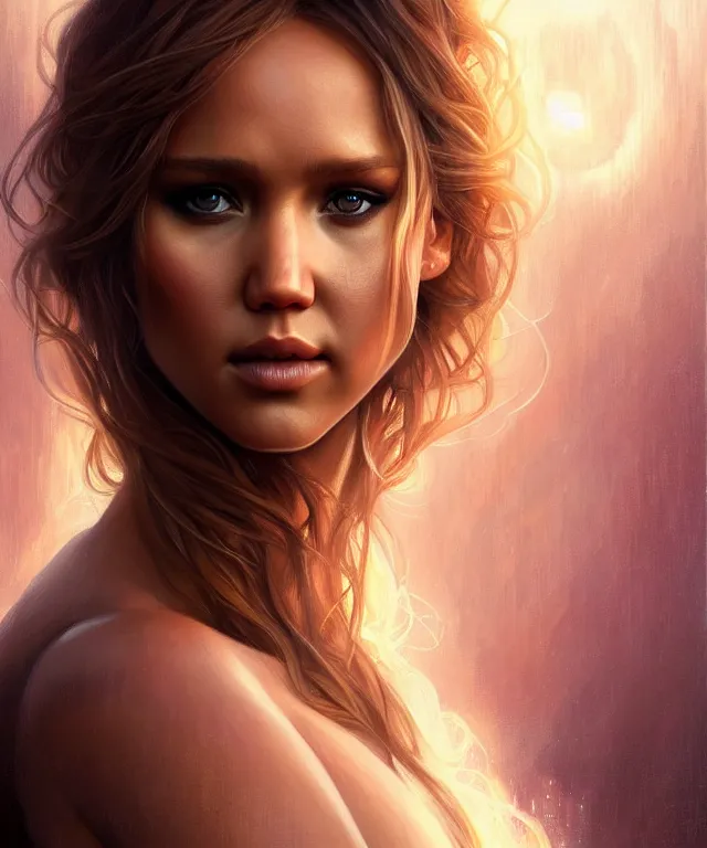 Image similar to half jessica Alba half Jennifer lawrence, a fantasy beautiful woman portrait, amber loving eyes, face, long hair, fantasy, intricate, elegant, highly detailed, digital painting, artstation, concept art, smooth, sharp focus, illustration, greg rutkowski and alphonse mucha