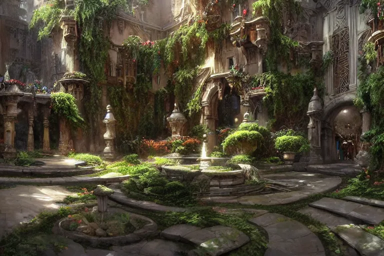 Image similar to extreme low angle shot of an open courtyard in a beautiful elven city made of ivory and silver, intricate, vivid colors, lush trees, flowers, ponds, fountain, subsurface scattering, volumetric lighting, concept art, fantasy digital painting by James Gurney, by Greg Rutkowski, trending on Artstation, highly detailed, 8k