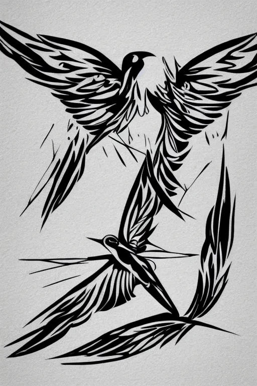 Image similar to a simple tattoo design of swallows flying into lines and basic shapes, black ink, abstract logo, line art