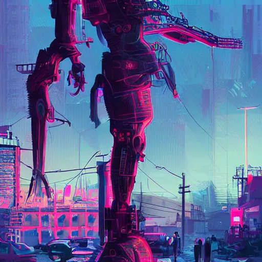 Image similar to digital art, trending on artstation, a post apocalyptic world ruled by rusty machines under a full moon in a gigantic city full of neon lights and machines acting like humans, these being the vast majority of the population.