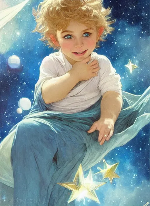 Image similar to a cute little boy with a mischievous face, blue eyes, and tousled blonde hair smiles as he floats in space with stars all around him. he is wearing a turquoise outfit. beautiful painting by artgerm and greg rutkowski and alphonse mucha