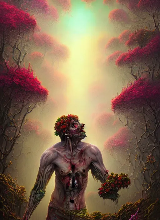 Image similar to zombie with flowers sprouting out of his body, in the style of tomasz alen kopera and fenghua zhong and peter mohrbacher, mystical colors, rim light, beautiful lighting, 8 k, stunning scene, raytracing, octane, trending on artstation