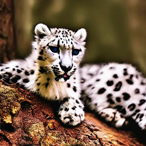 Image similar to very very very very very cute chibi snow leopard, portrait, pixar style, forest background, cinematic lighting, award winning creature portrait photography