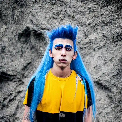 Prompt: rimuru tempest, young man blue hair yellow eyes, canon eos r 3, f / 1. 4, iso 2 0 0, 1 / 1 6 0 s, 8 k, raw, unedited, symmetrical balance, in - frame