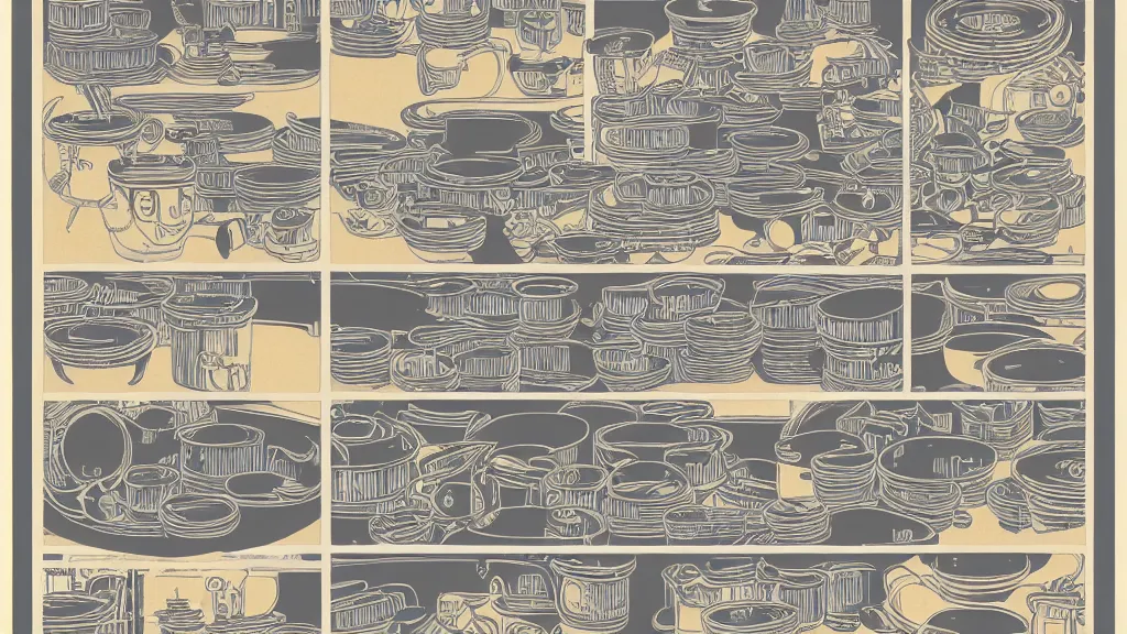 Prompt: stacks of saucepans that were fitting I to each other like russian rolls, while my family gathered around, flat design, screen print by Kawase Hasui and dan hillier, 8k