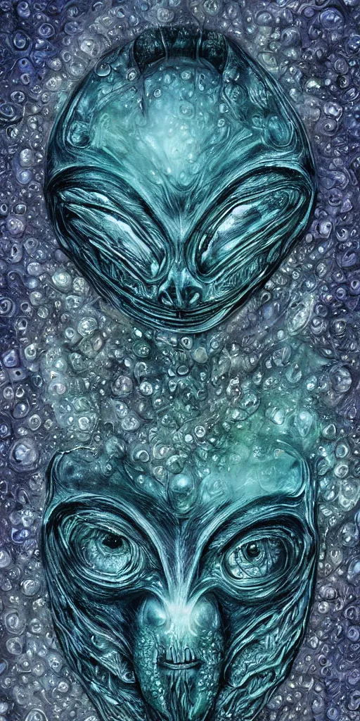 Prompt: a tarot card of an alien face made of water texture, incredible highly detailed digital paiting, epic lighting, highly detailed symbols as frames of the card