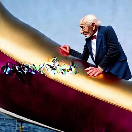 Image similar to wrinkled hunchbacked old man in musty burgundy suit, polishing painting the side of a huge gold plated mega yacht with a cloth, maintenance photo