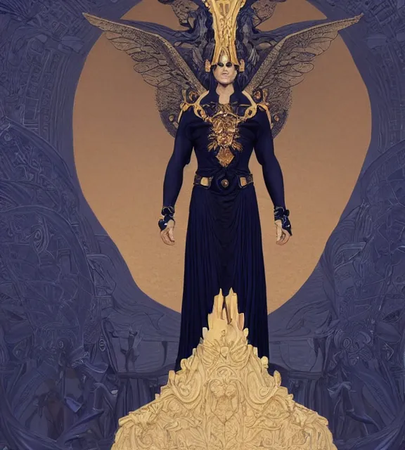 Prompt: male, god of death, in the underworld, elegant dark blue dress, very detailed, throne, very intricate details, jewelry, gold line tattoos, elaborate long hairstyle, wings, cinematic, artstation, william bouguereau, alphonse mucha, greg rutkowski, rossdraws, octane render