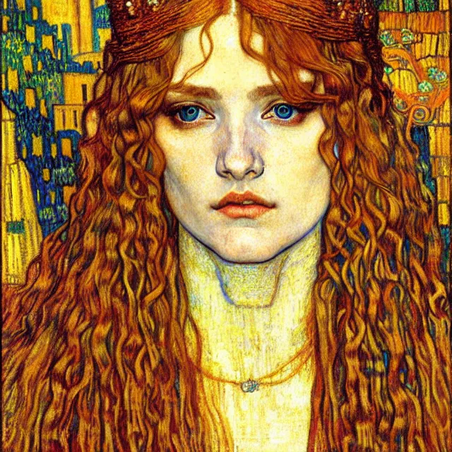 Image similar to detailed realistic beautiful young medieval queen face portrait by jean delville, gustav klimt and vincent van gogh, art nouveau, symbolist, visionary, gothic, pre - raphaelite, muted earthy colors, desaturated