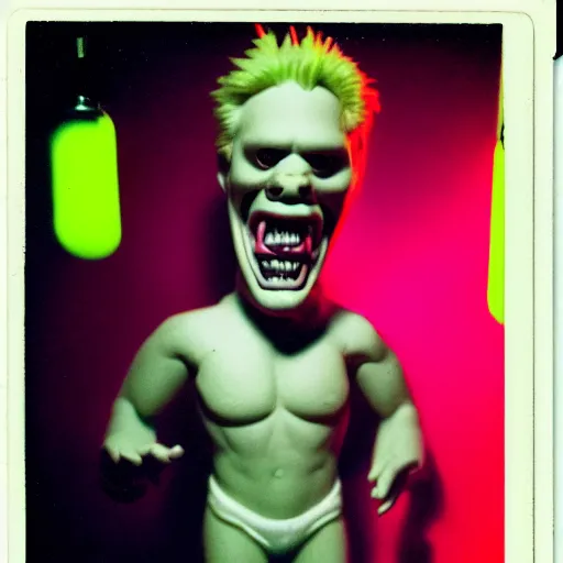 Image similar to gary busey creature, 9 0 s toy commercial, photo from the 7 0 s, horror lighting, neon lighting, polaroid photo,