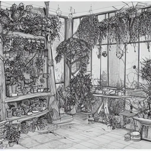 Image similar to annotated highly, detailed and intricate, sketch of a room full of plants, marker concept art style rendering, concept art, half blueprint, trending on artstation, intricate details, center frame, annotations