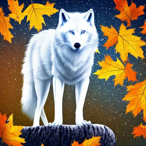 Image similar to white wolf with blue eyes stands in a dark night dormant autumn forest with magic moon in sky, no yellow color in eyes, no yellow color, realistic