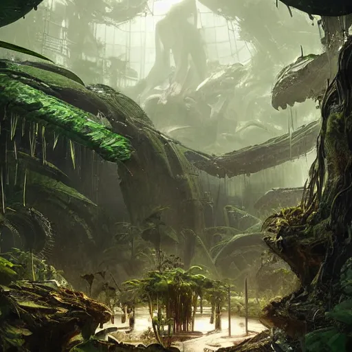 Prompt: epic alien jungle by greg rutkowski inside a giant laboratory by raymond swanland