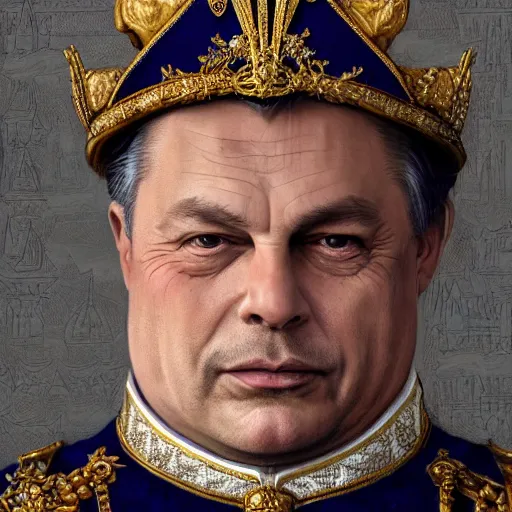 Image similar to an extremely realistic portrait depicting the coronation of viktor orban dressed in royal national costume, on the frozen danube, detailed, intricate, elegant, fat, highly detailed, digital painting, artstation, concept art, smooth, sharp focus, illustration,