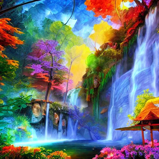 Prompt: waterfall village vibrant colors cryengine render by lisa frank, leonid afremov, android jones, rob gonsalves