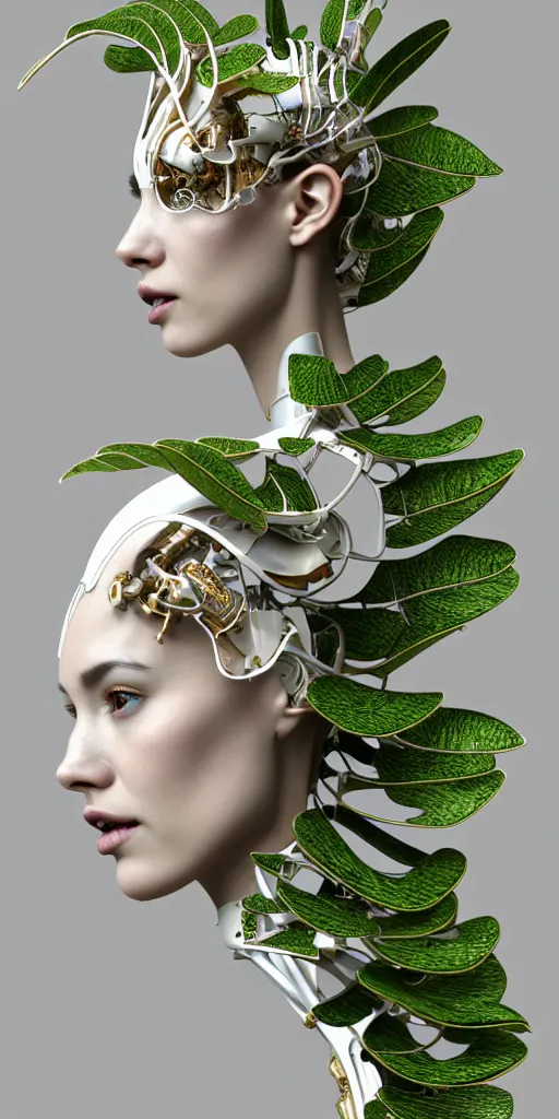 Image similar to complex 3d render ultra detailed of a beautiful porcelain profile woman face, mechanical vegetal cyborg, robotic parts, 150 mm, beautiful studio soft light, 3 point lighting, spot light, rim light, silver gold red details, luxurious, high tech gadget, cyberpunk, magnolia big filigran leaves and stems, roots, Alexander Mcqueen haute couture, fine foliage lace, lumiol, mesh wire, filigran metallic intricate details, hyperrealistic, mandelbrot fractal, anatomical, silver metal armor, facial muscles, cable electric wires, microchip, elegant, beautiful background, beautiful white teeth, octane render, H.R. Giger style, 8k