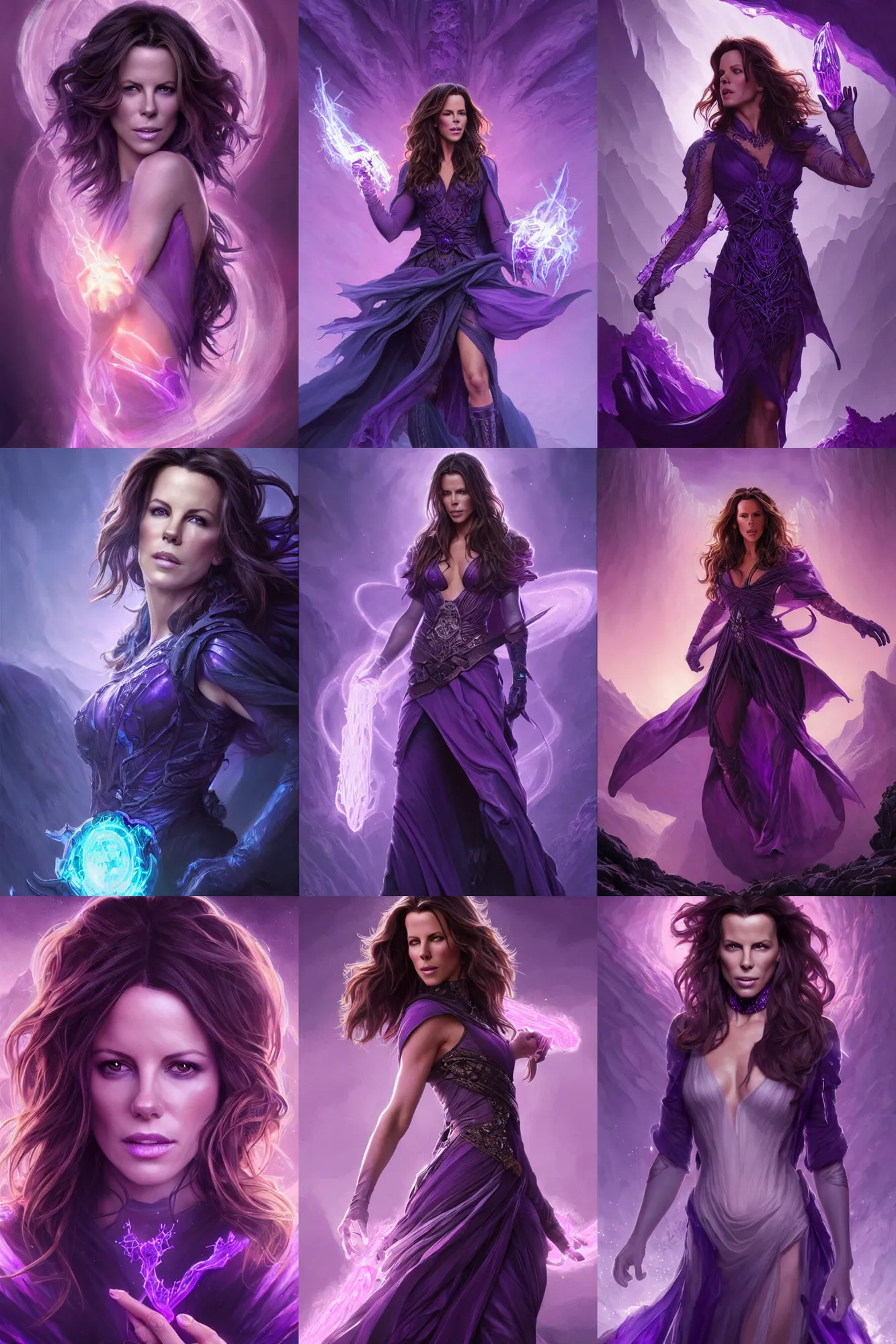 Prompt: kate beckinsale as a necromancer glowing with purple magic, glacier landscape, d & d, fantasy, intricate, elegant, highly detailed, digital painting, artstation, concept art, matte, sharp focus, illustration, art by artgerm and greg rutkowski and alphonse mucha