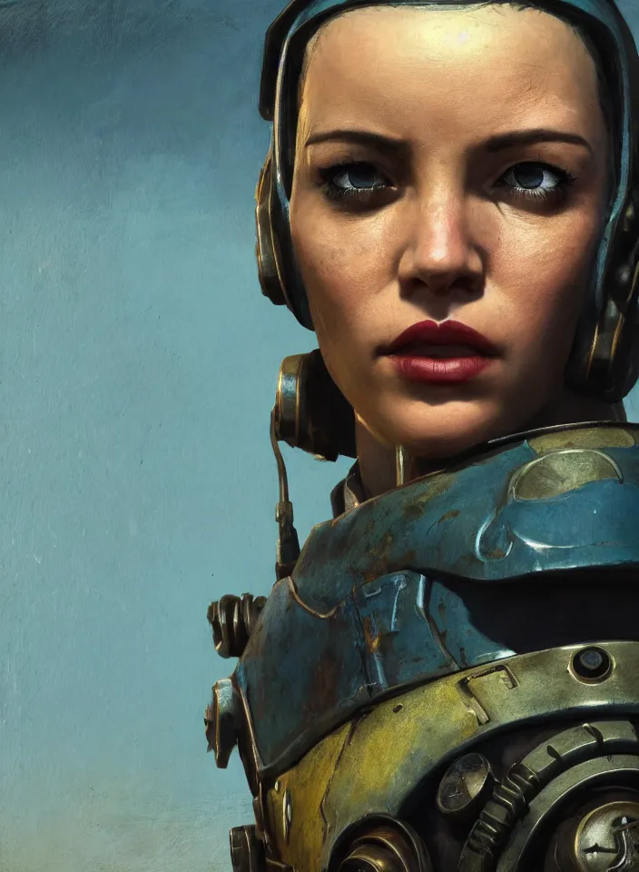 Image similar to a face portrait of a female bandit in fallout 4, scifi setting, fallout environment, drab colors, serene lighting, atmospheric, cinematic, moody, in the style of diego koi, gina heyer, luiz escanuela, art by alyssa monk, hyperrealism, rule of thirds, golden ratio, oil on canvas, 8 k