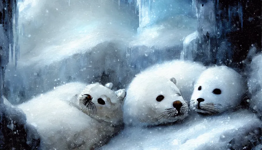 Prompt: highly detailed painting of cute furry white baby seals cuddled up inside snowy fantasy ice crystal cavern by william turner, by greg rutkowski, by william constable, thick brush strokes and visible paint layers, 4 k resolution
