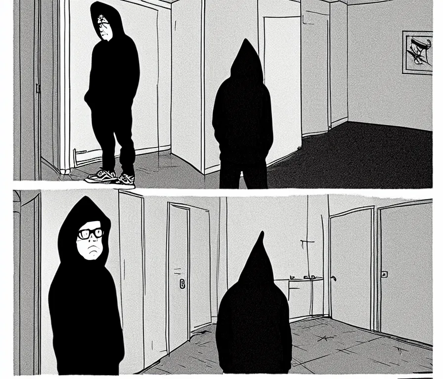 Image similar to todd solondz in hoodie lonely at his empty apartment, knees tucked in | rain falls at night : storyboard, realistic. by gabriel hardman, joe alves, j. todd anderson, chris bonura. cinematic atmosphere, detailed and intricate, perfect anatomy