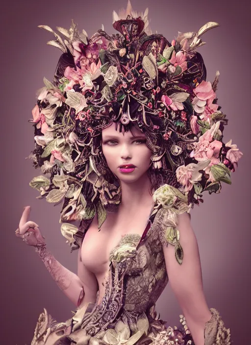 Prompt: full body environmental portrait photo of heart evanglista, ornate headpiece made from flowers, ornaments, glamour shot by gemmy woud - binnendijk, chris knight, photorealistic, canon r 3, fashion photography, ornate, symmetrical features, octane render, unreal engine, solid dark background, clamp shell lighting, rim lighting