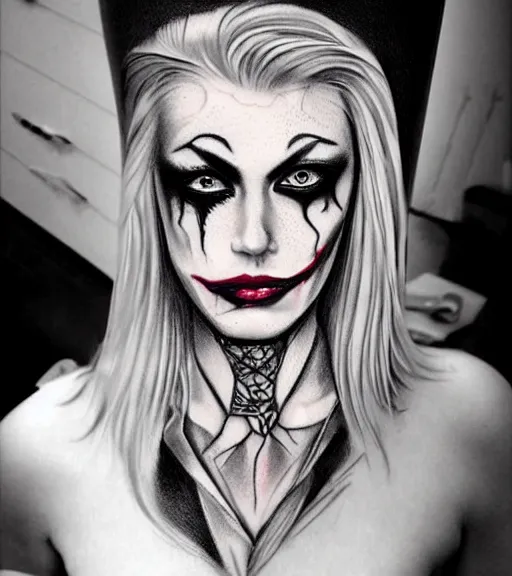 Image similar to ! dream tattoo design sketch of a beautiful blonde girl portrait with joker makeup, in the style of den yakovlev, realistic face, black and white, realism tattoo, hyper realistic, highly detailed