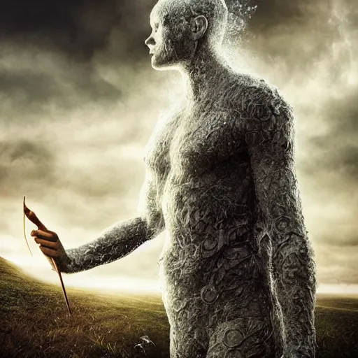 Image similar to Editorial Masterpiece extremely realistic Illusion Arcane elemental High Orders Nephilim Virtues figure infused with coalesced fantasy crystalline Magical fire by Erik Johansson, perfect crisp light