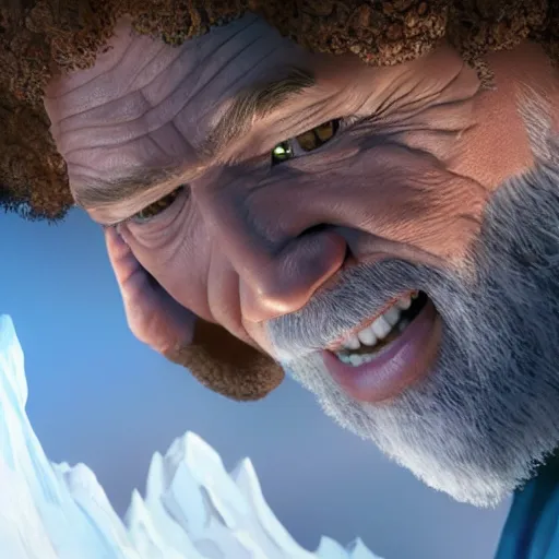 Image similar to a closeup photorealistic photograph of bob ross working on a canvas painting of spiderman. film still. brightly lit scene. mountains and trees. this 4 k hd image is trending on artstation, featured on behance, well - rendered, extra crisp, features intricate detail, epic composition and the style of unreal engine.