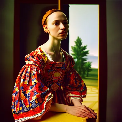 Prompt: hyperrealism photography in caravaggio style computer simulation visualisation of parallel universe sit - com scene with beautiful highly detailed ukrainian woman wearing ukrainian traditional shirt designed by taras shevchenko and woman wearing retrofuturistic sci - fi neural interface by josan gonzalez. hyperrealism photo on pentax 6 7, kodak portra 4 0 0 volumetric natural light - s 1 5 0