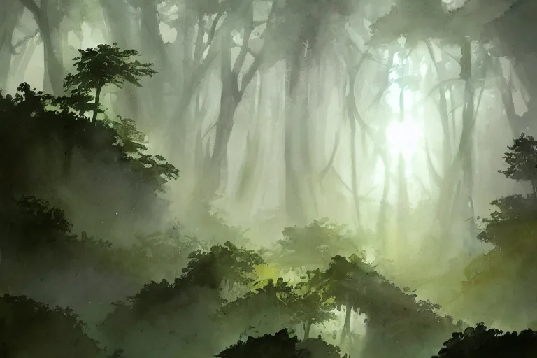Prompt: cloud forest, dramatic lighting, high quality watercolors, award winning, trending on artstation