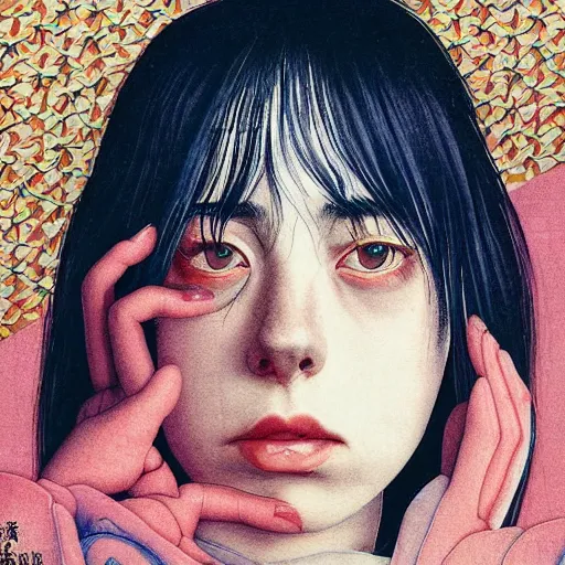 Image similar to “ billie eilish portrait by ikenaga yasunari and ayana otake and ko rakusui, 6 0 s poster, drawing, realistic, sharp focus, japanese, dreamy, nostalgia, faded, golden hues, floral clothes ”