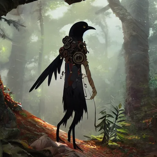 Image similar to concept art painting of an anthropomorphic crow person with steampunk clothes, in the deep forest, realistic, detailed, cel shaded, in the style of makoto shinkai and greg rutkowski and james gurney