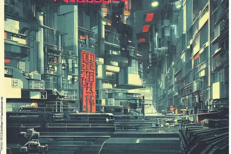 Image similar to 1979 Popular science Magazine Cover of a warehouse in neo-Tokyo in cyberpunk style by Vincent Di Fate